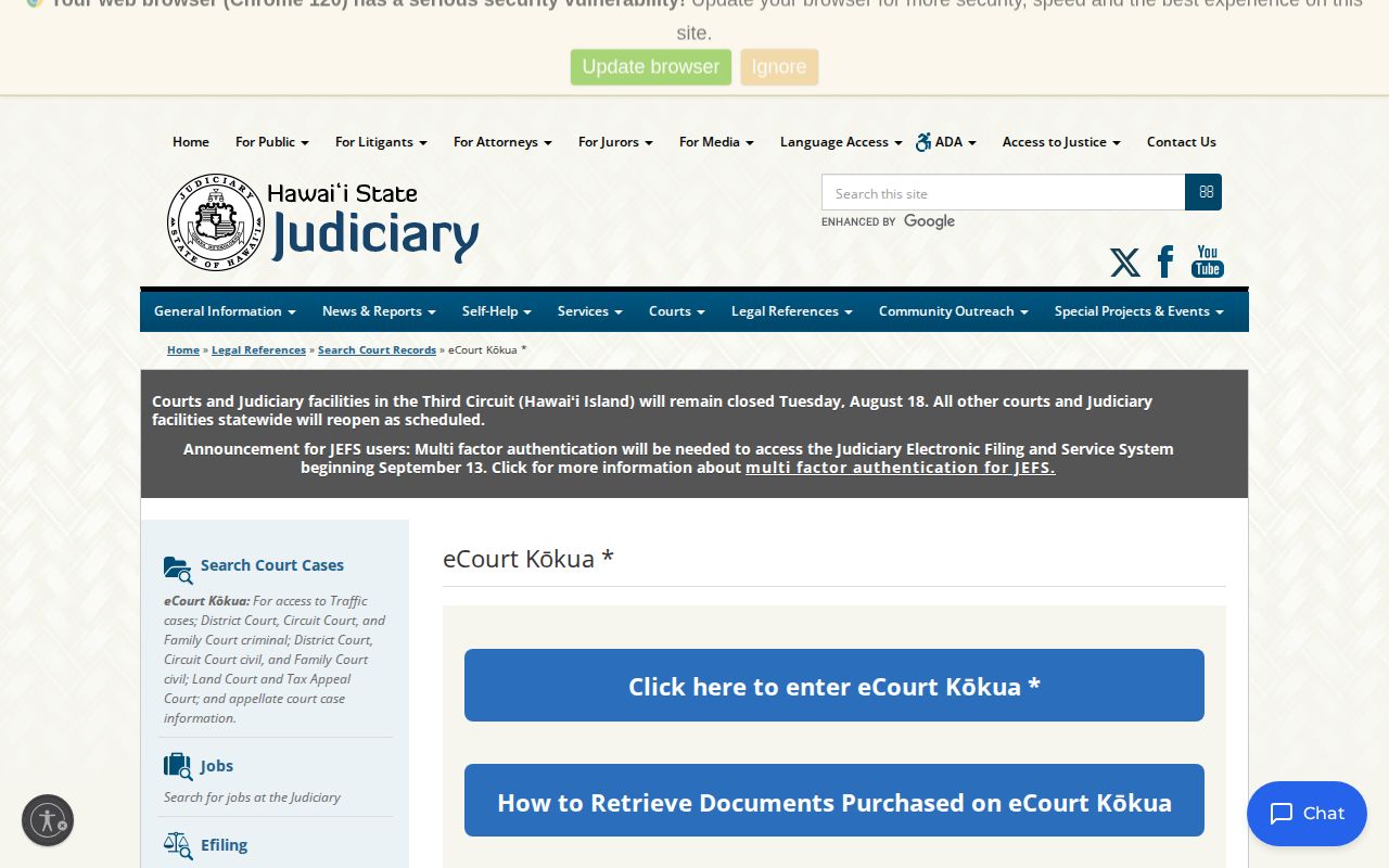 Maui County official Judiciary eCourt records access page for warrant context